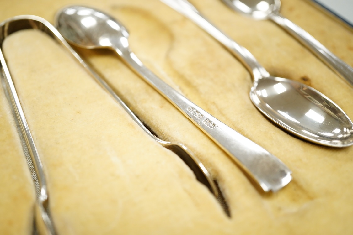 A cased set of six George V silver coffee spoons and pair of sugar tongs by Mappin & Webb, Sheffield, 1935, together with sundry other items including three silver pencils and one sterling pencil, two T.M. Lewin collar s